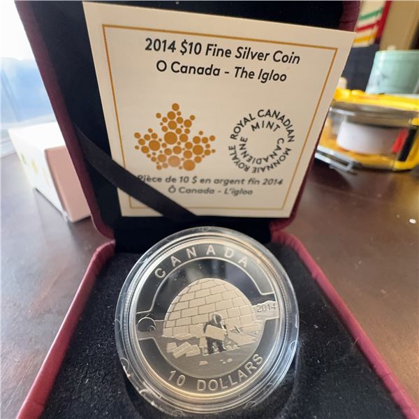 2014 $10 Fine Silver Coin O Canada The Igloo 99.99% Pure, 34mm, 15.87g, Box