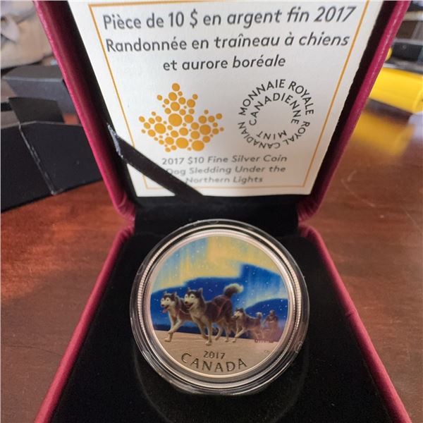 2017 $10 Fine Silver Coin Dog Sledding Under Northern Lights Canada 99.99% Pure
