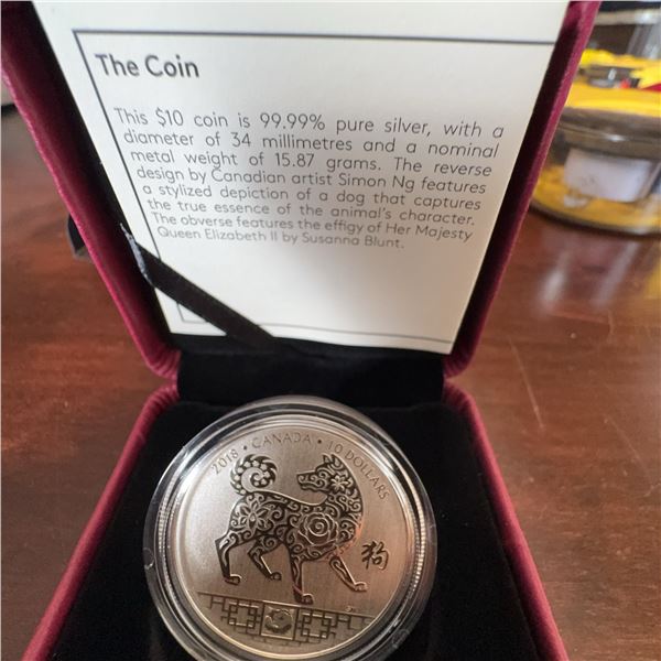 2018 Canada $10 Fine Silver Coin Year of the Dog, 99.99% Pure, 15.87g, Simon Ng Design