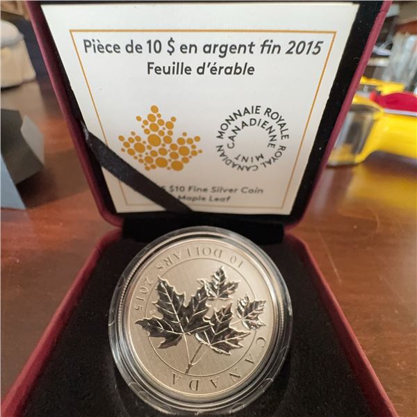 2015 Canadian $10 Fine Silver Maple Leaf Coin, 99.99% Pure, Boxed, 34mm, 15.87g