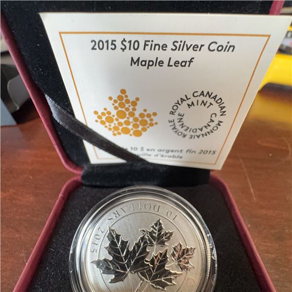2015 $10 Fine Silver Maple Leaf Coin Royal Canadian Mint, 15.87g, 34mm, Box & COA