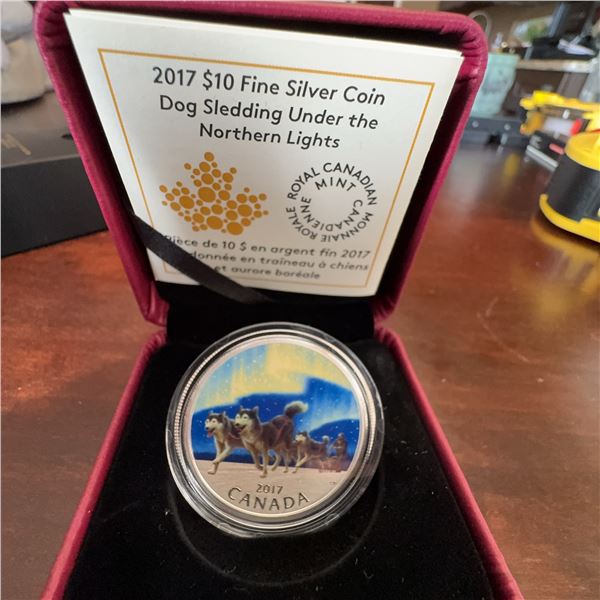 2017 $10 Fine Silver Coin Dog Sledding Under the Northern Lights RCM w/ COA