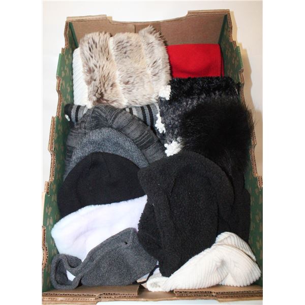 BOX WITH WINTER HATS, SCARVES,  HEAD BANDS,