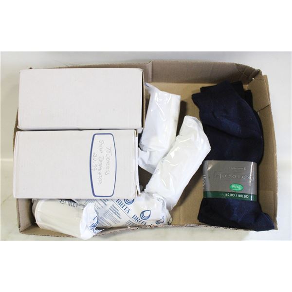 LOT OF HAND SOAP DISPENSERS, BRITA FILTERS & SOCKS