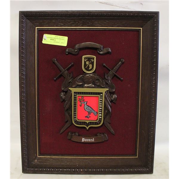 VINTAGE FRAMED DAOUST FAMILY COAT OF ARMS 14.5" X