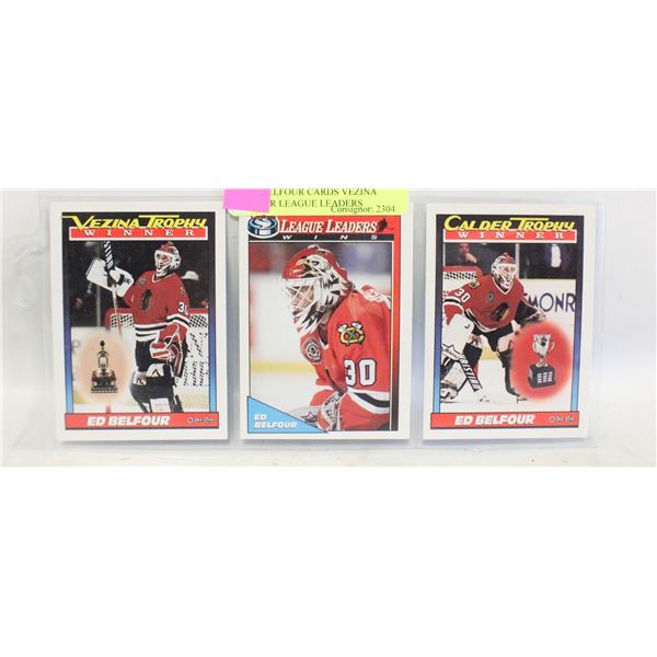 3 ED BELFOUR CARDS VEZINA CALDER LEAGUE LEADERS