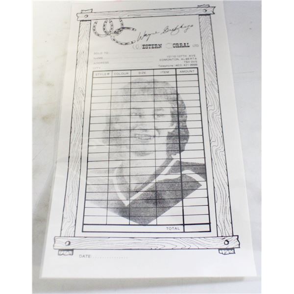 1981 GRETZKY WESTERN CORRAL SALES INVOICE 9" X 6"