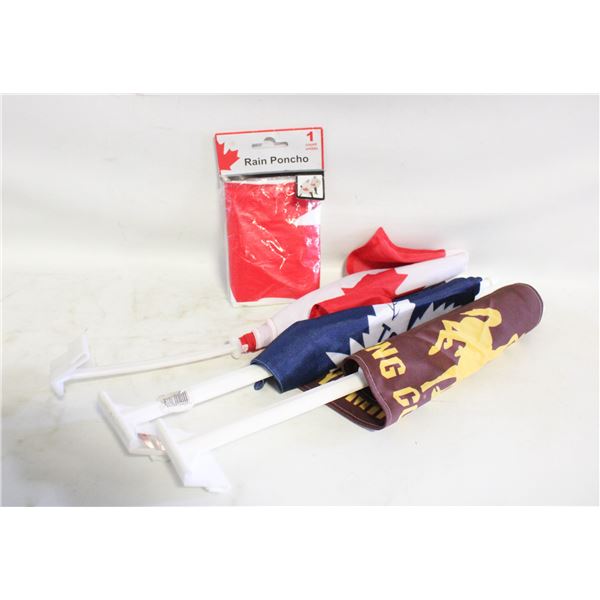 CANADA RAIN PONCHO & CAR FLAG, WYOMING COWBOYS