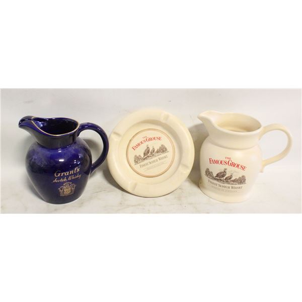 FAMOUS GROUSE WATER JUG & ASH TRAY & GRANTS WATER