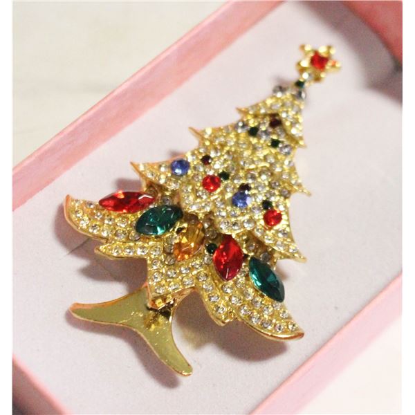 NEW CHRISTMAS TREE BROOCH W/CLEAR RHINESTONES