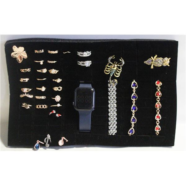 TRAY W/ BROOCH AND BRACELETS AND RINGS,