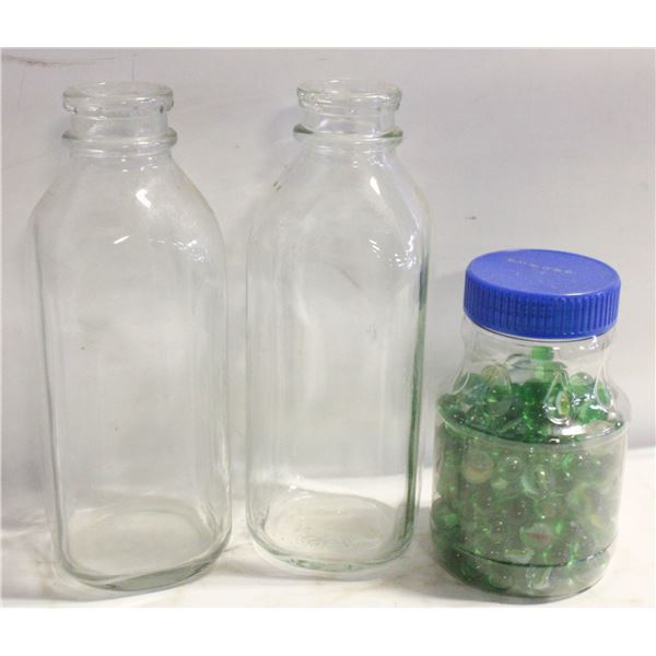 VINTAGE GLASS MILK BOTTLES & MARBLES