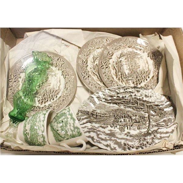 SET OF 4 IRONSTONE PLATES, 2 MUGS,