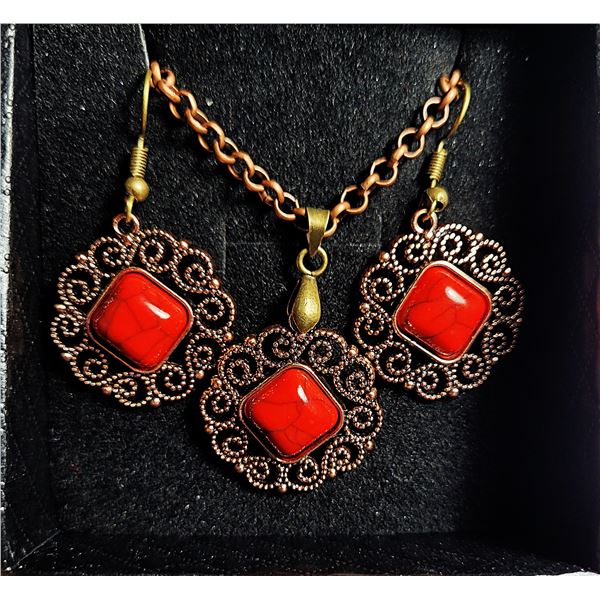 9)  SET OF RED TURQUOISE WITH COPPER/