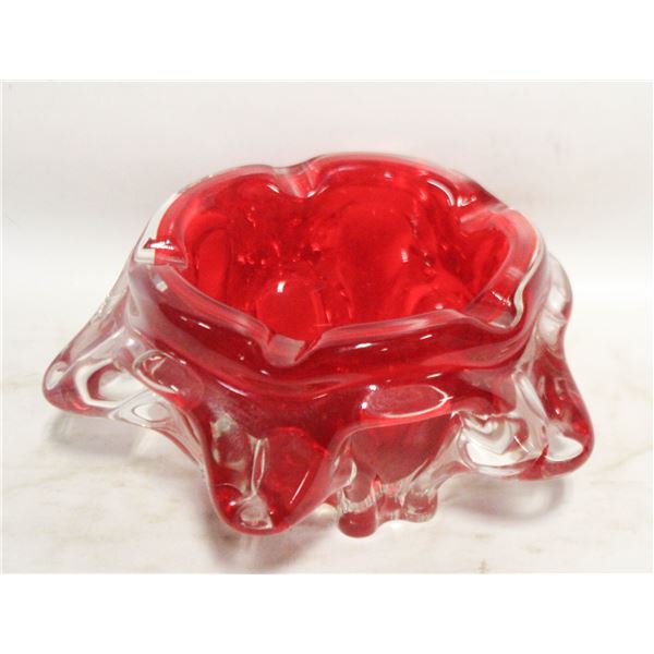 VINTAGE MURANO RED RUFFLE GLASS ASHTRAY