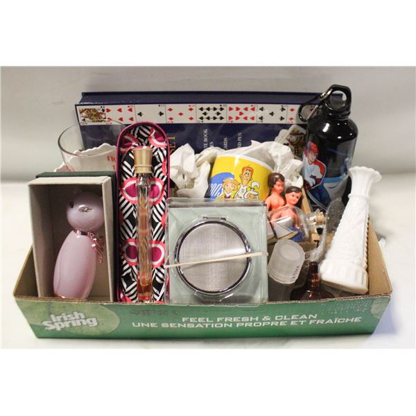 LOT OF MILK GLASS, JETSON’S MUG, OLD PERFUME-