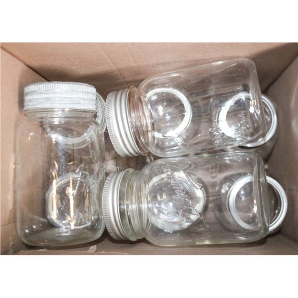 BOX OF VINTAGE JARS SOME WITH GLASS TOPS
