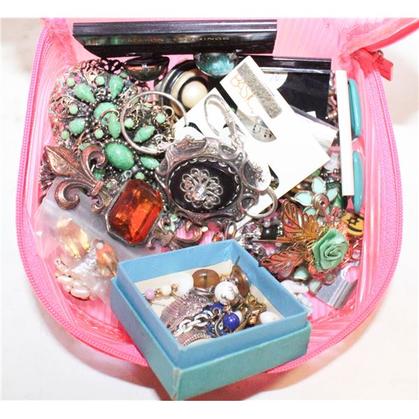PINK CASE OF VINTAGE JEWELLERY