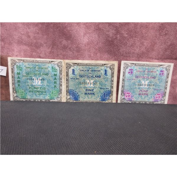 Allied issued-war German Mark paper bills 3 denominations