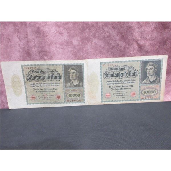 2 x Weimar Republic 10,000 Mark [$ ] notes from 1922