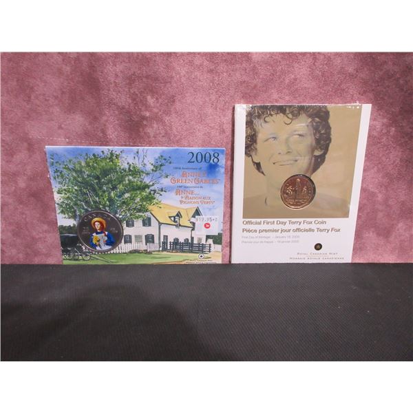 2008 - 100th Anniversary of ANNE OF GREEN GABLES quarter card +  2005 Terry Fox Loonie, First Day of