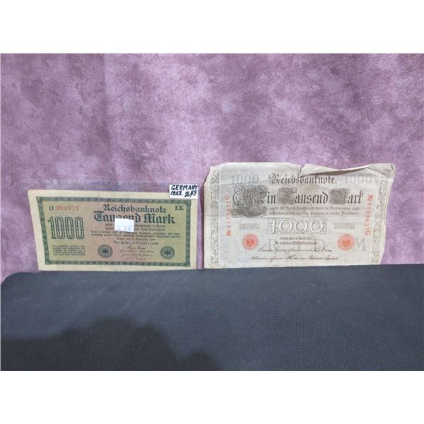2 - Imperial Germany bank notes 1910 -1000 Mark & 1922 1000 Mark note.