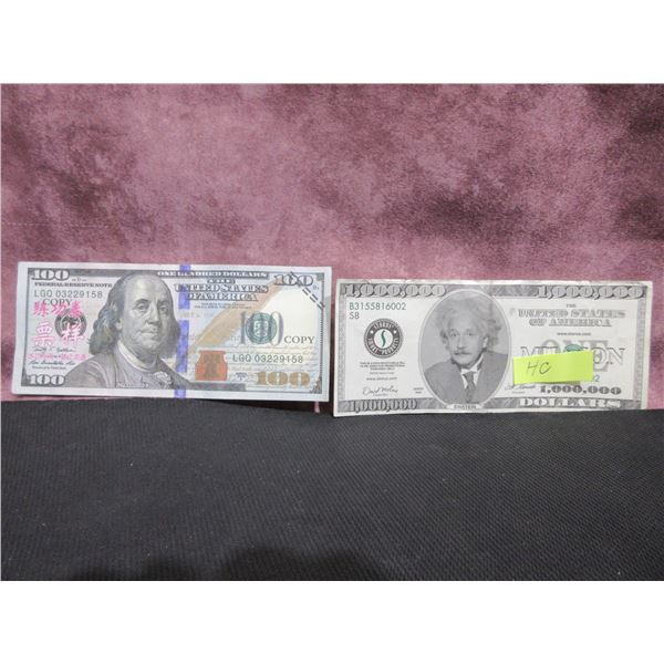 2 fake USD notes 1 x $100, 1 x 1000,000