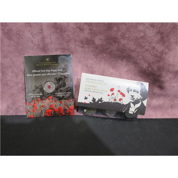 2004 First day of Mintage - Poppy Quarter card, 2015 special uncirculated set Sir John A. MacDonald,