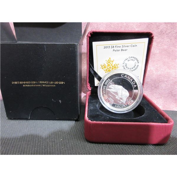 2013 -  $8 Fine Silver Coin, "Polar Bear", cased