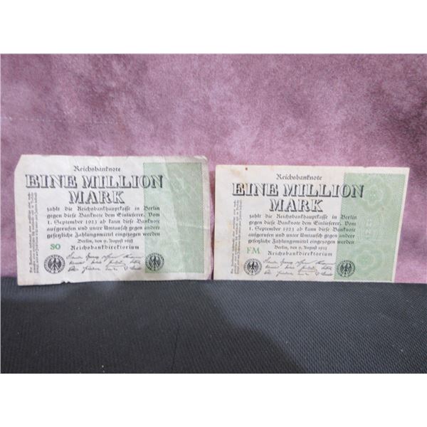 2 x Weimar Republic 1,000,000 Mark [$ ] notes from 1923.