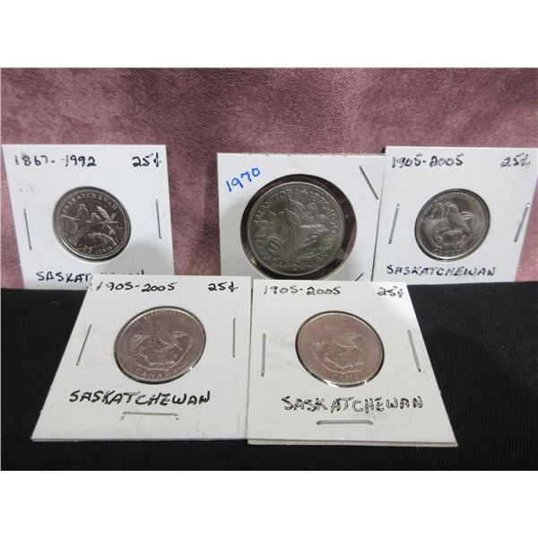 5 circulation coins, assorted dates - 1970 Manitoba Accession $1; 1992 Saskatchewan quarter, 3 x 200