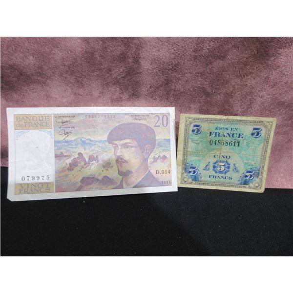 1944 $5 Francs,1984 $20 Francs bank notes, France