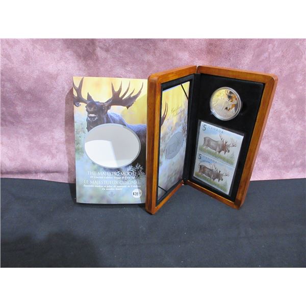 2004 - The Majestic Moose $5  fine silver coin and stamp in wood box