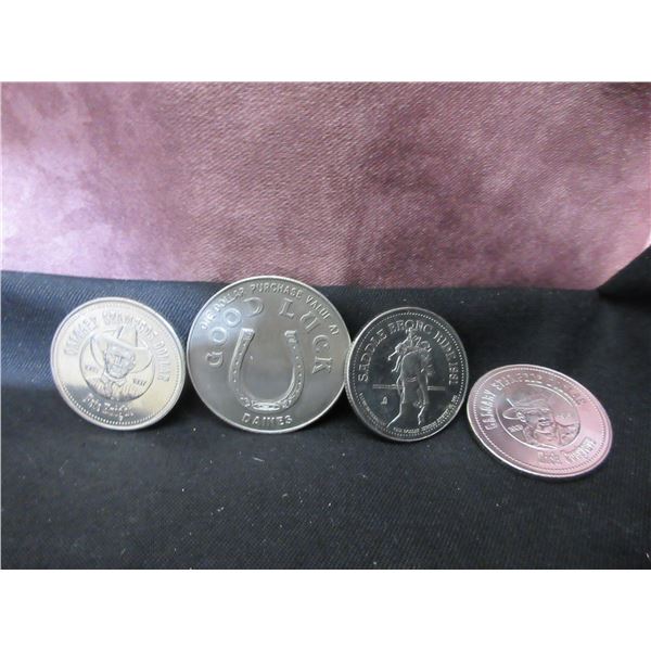 Lot of 3 Calgary Stampede Dollars and 1 Daines Western Shops dollar.
