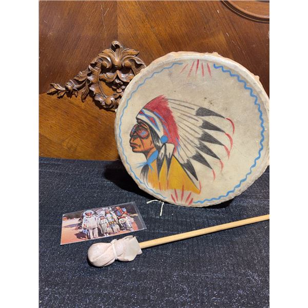 Hand-Painted Native-Style Drum With Beater, Postcard 'Chief Running Horse & Family' 1962