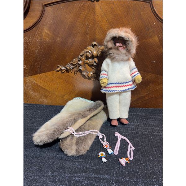 HBC Inuit 1920’s Doll With Fur Trim, Handmade Seal Skin Mittens lg/xlg. Beaded Necklaces An