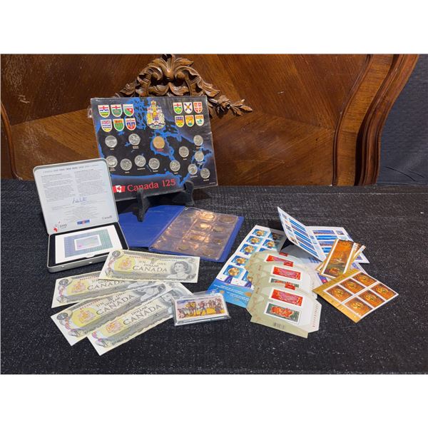 Canada 125 Coin Set, Canadian One Dollar Bills, Assorted Mint Stamps and Wild West Card