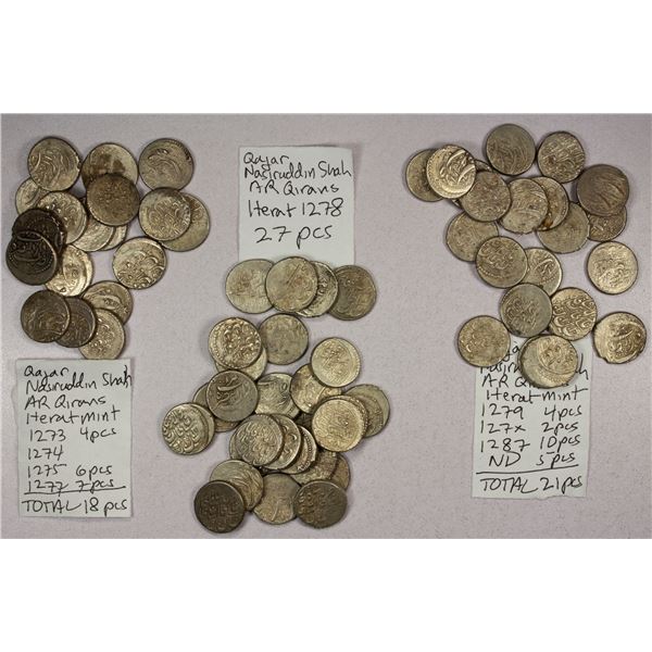 IRAN: QAJAR: Nasir al-Din Shah, 1848-1896, LOT of 66 silver qirans, Herat