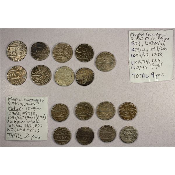 INDIA: MUGHAL: Aurangzeb, 1658-1707, LOT of 17 silver rupees