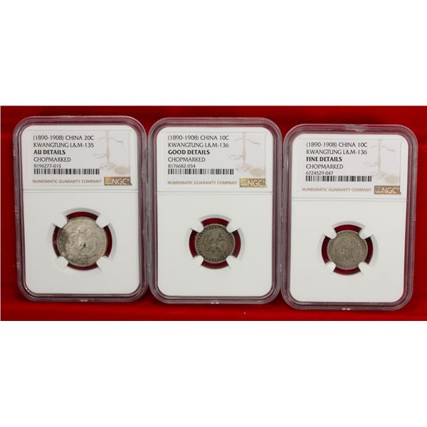 CHINA: KWANGTUNG: LOT of 3 chopmarked coins