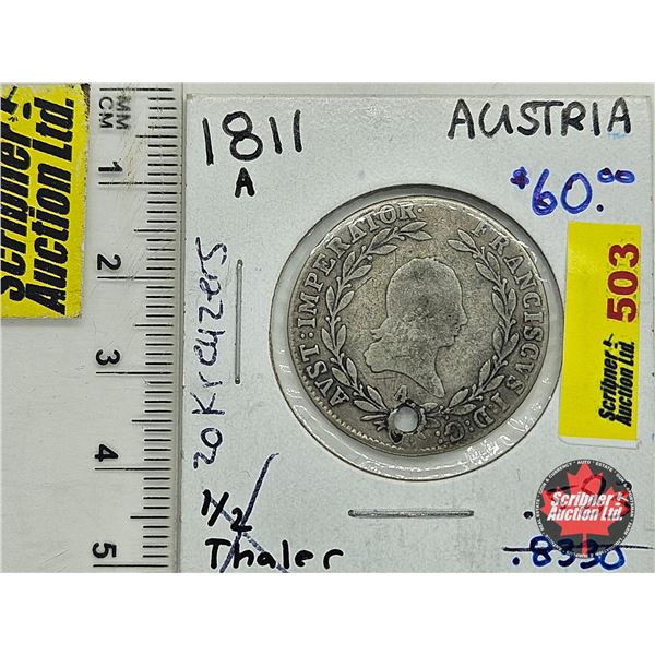 Austria : 1811 : 20 Kreuzers : Francis I (Holed) (Comp : Silver : .583)