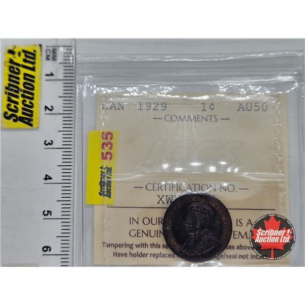 Canada One Cent 1929 (ICCS Cert : AU50)