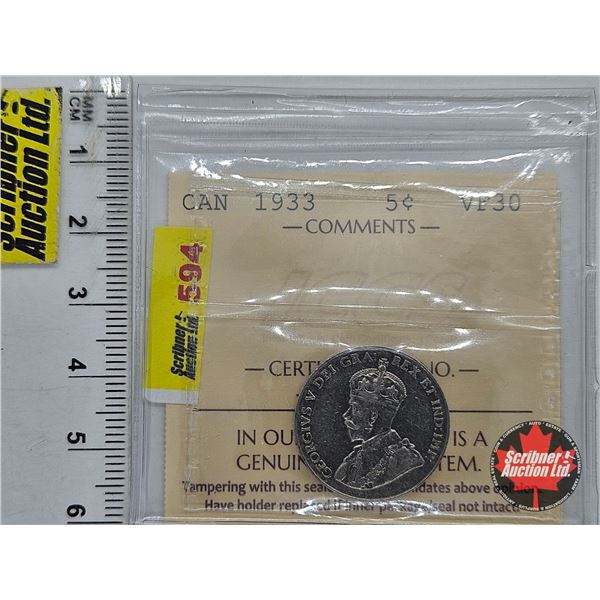 Canada Five Cent 1933 (ICCS Cert : VF30)
