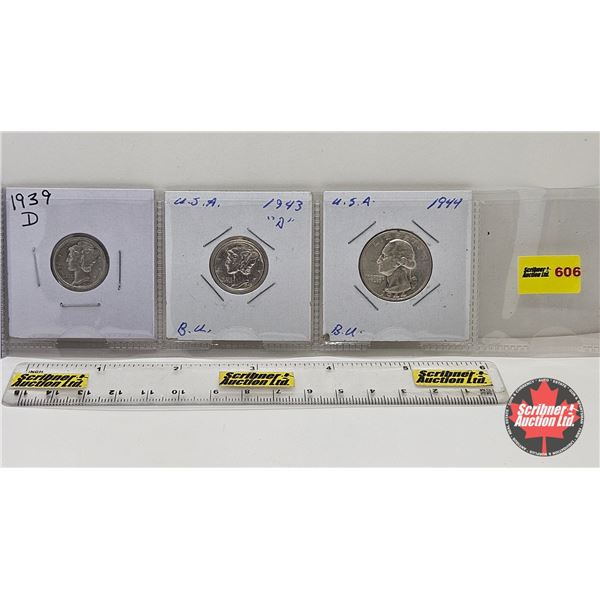 USA Coins (3) :  - Dime 1939D - Dime 1943D - Quarter 1944