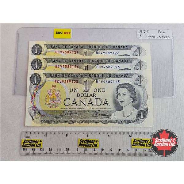 Canada $1 Bills 1973 (3 Consecutive) : Crow/Bouey #BCV9589125-126-127