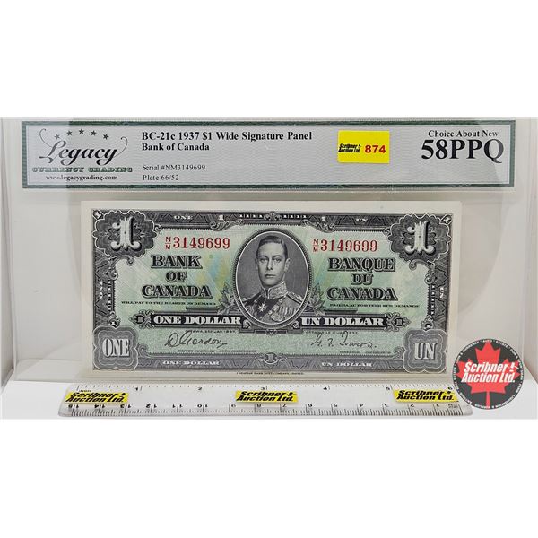Bank of Canada $1 Bill 1937 : Gordon/Towers #NM3149699 (Legacy Cert : Choice About New 58PPQ)