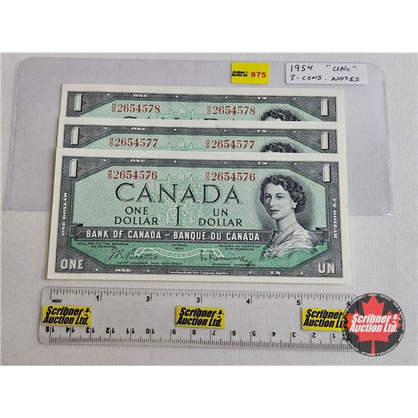 Canada $1 Bills 1954 (3 Consecutive) : Beattie/Rasminsky #HO2654576-577-578