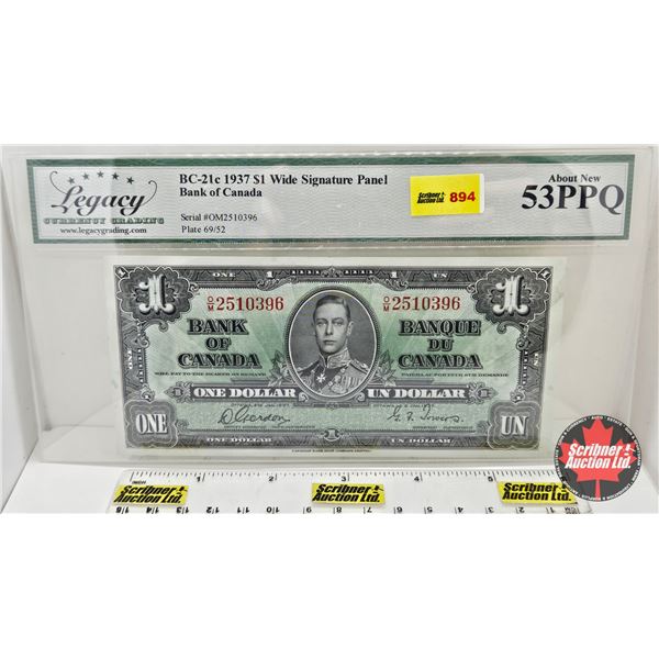 Bank of Canada $1 Bill 1937 : Gordon/Towers #OM2510396 (Legacy Cert: About New 53PPQ)