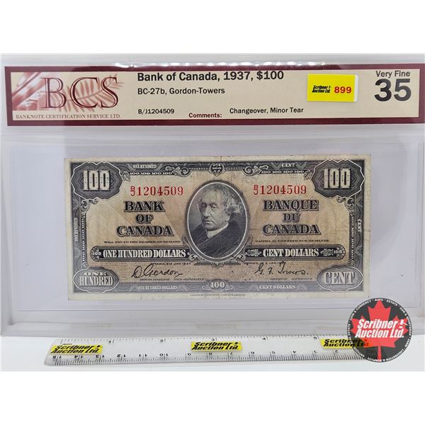 Bank of Canada $100 Bill 1937 : Gordon/Towers #BJ1204509 (BCS Cert: Very Fine 35)