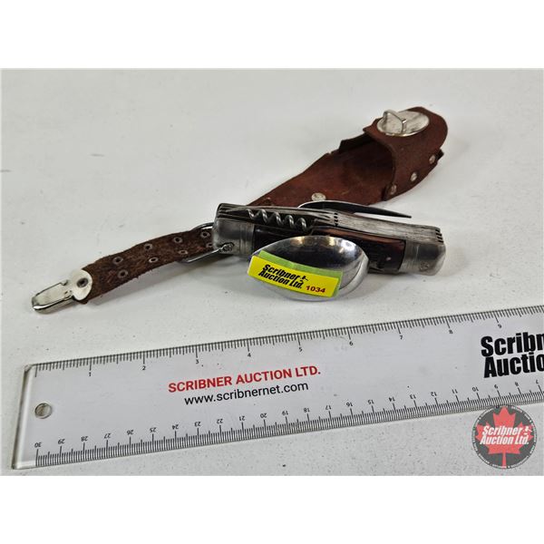 Multi-Function Folding Camping Tool c/w Leather Pouch